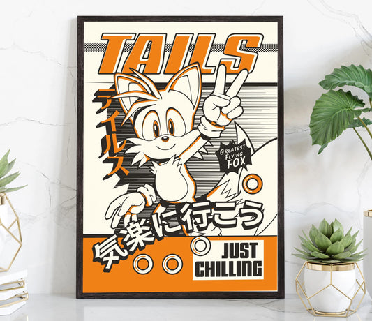 Framed poster with cartoon character giving a peace sign on a white wall. Canvas & Curio