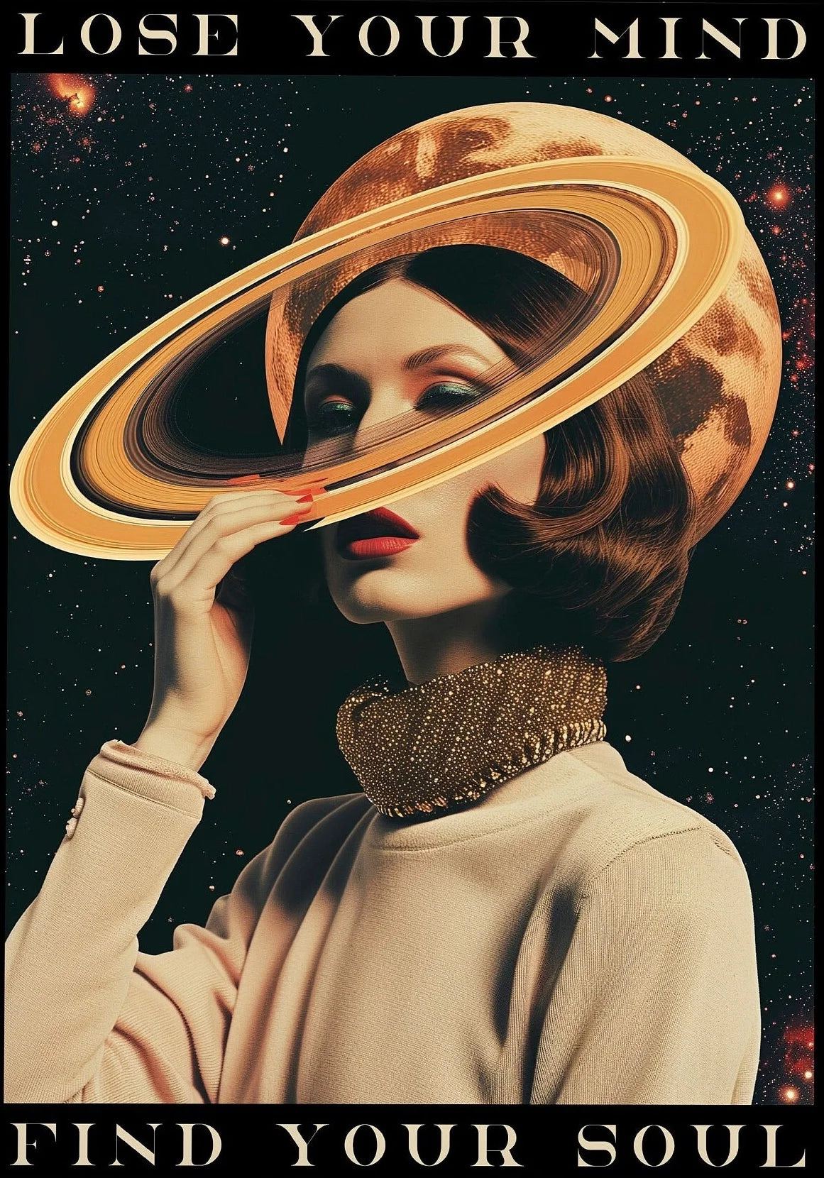 Artistic depiction of a woman with a planet-like headdress against a starry background, with text 'Lose Your Mind, Find Your Soul'.