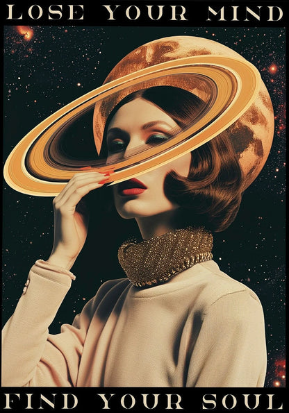 Artistic depiction of a woman with a planet-like headdress against a starry background, with text 'Lose Your Mind, Find Your Soul'.