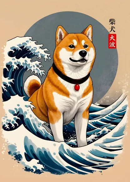 Shiba Inu dog on a wave with a traditional Japanese design