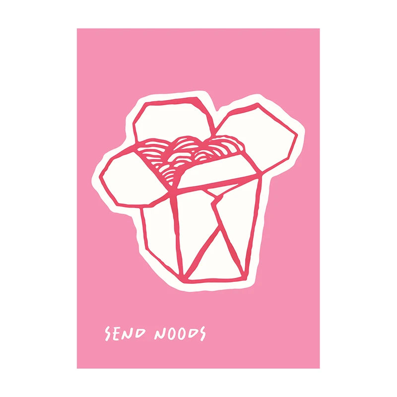 Illustration of a takeout container with noodles on a pink background, featuring the text 'SEND NOODS'.