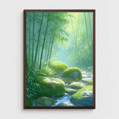 Framed artwork of a bamboo forest with rocks and water on a white background