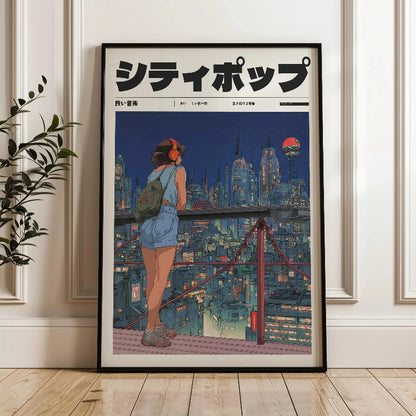 Framed poster of a woman with headphones and backpack against a cityscape background, leaning against a railing.