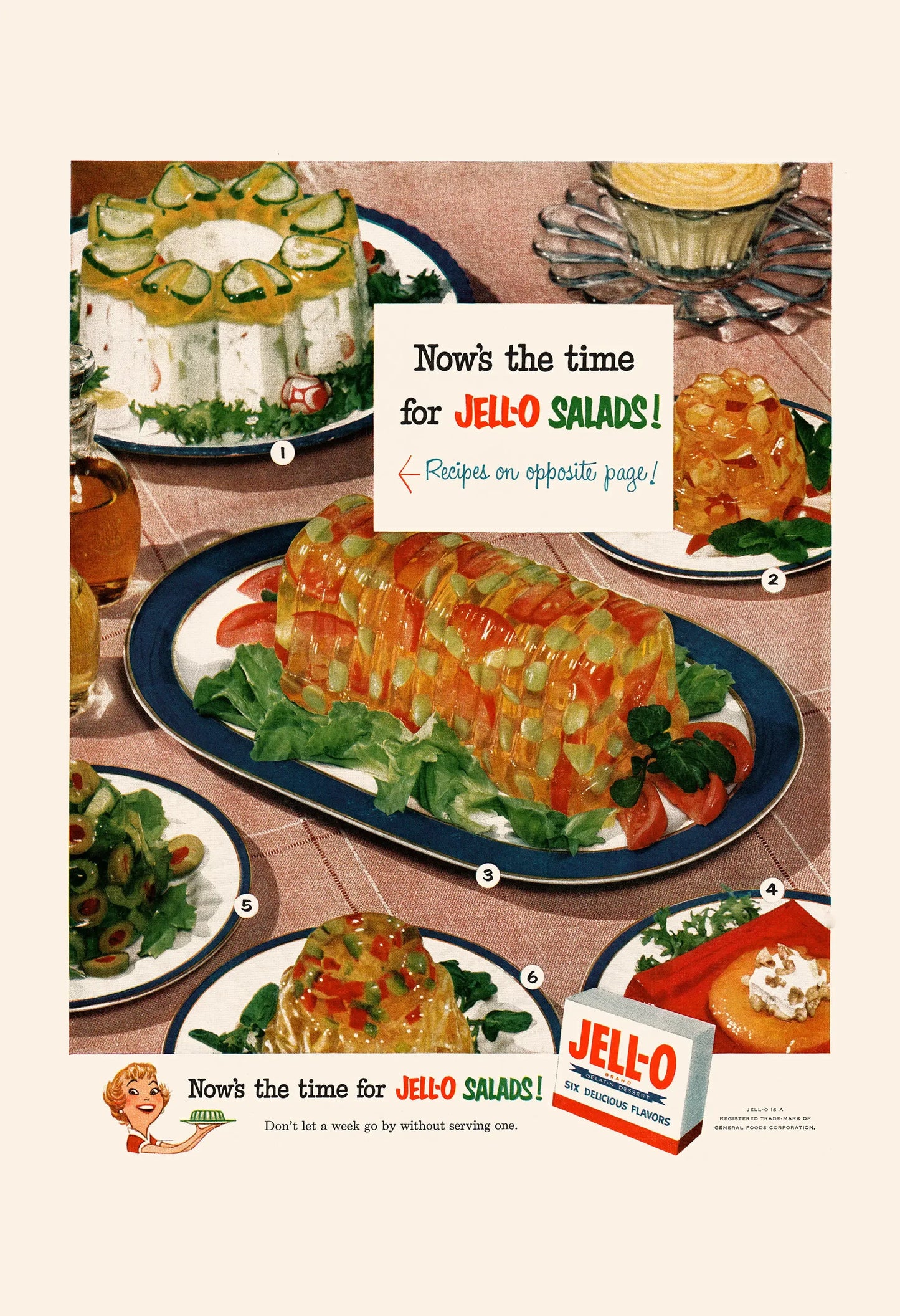 Vintage advertisement for Jell-O salads with images of salads and a box of Jell-O.