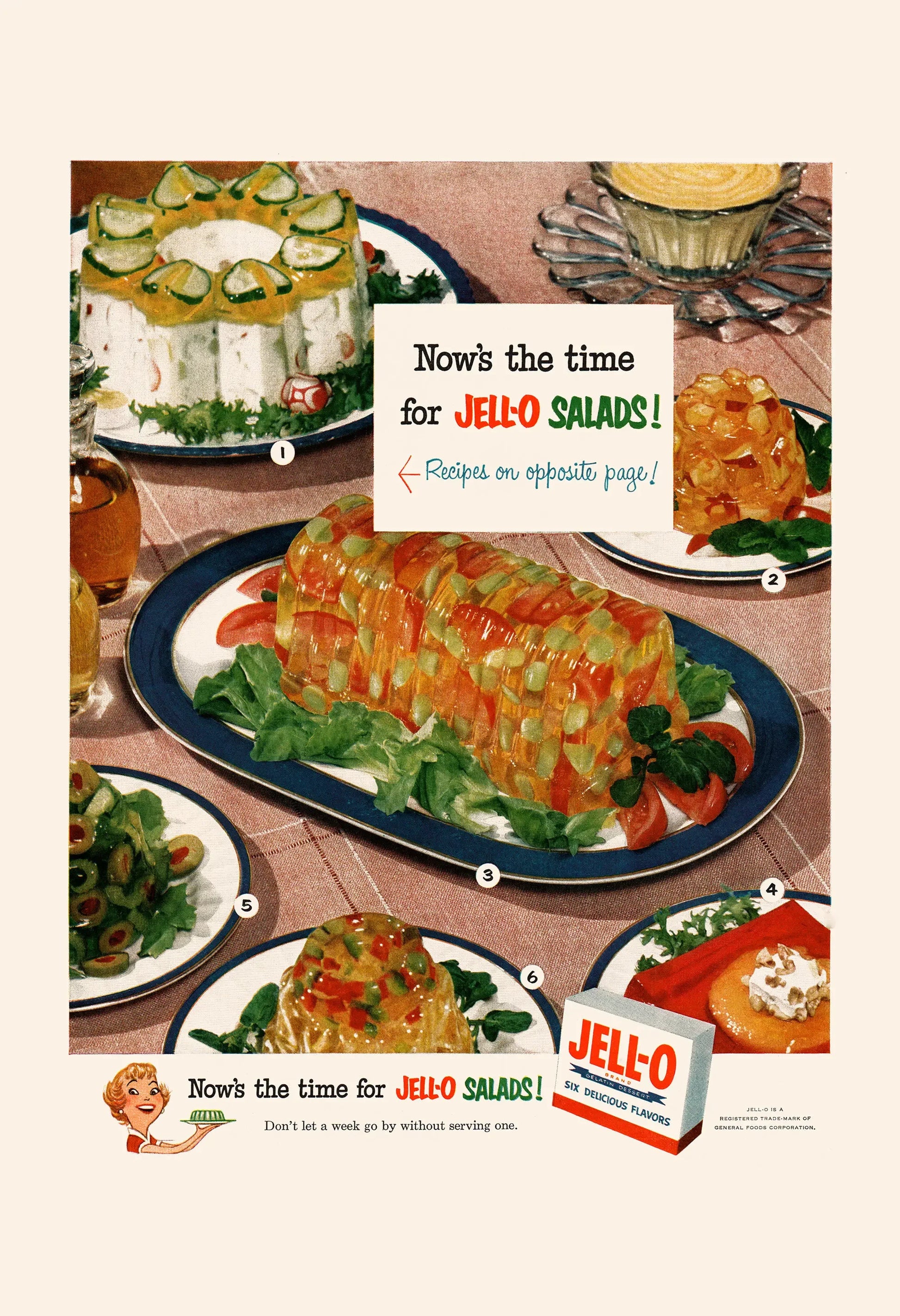 Vintage advertisement for Jell-O salads with images of salads and a box of Jell-O.
