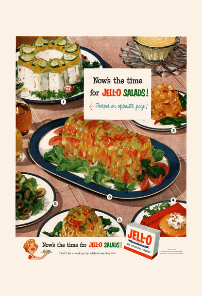 Vintage advertisement for Jell-O salads with images of salads and a box of Jell-O.