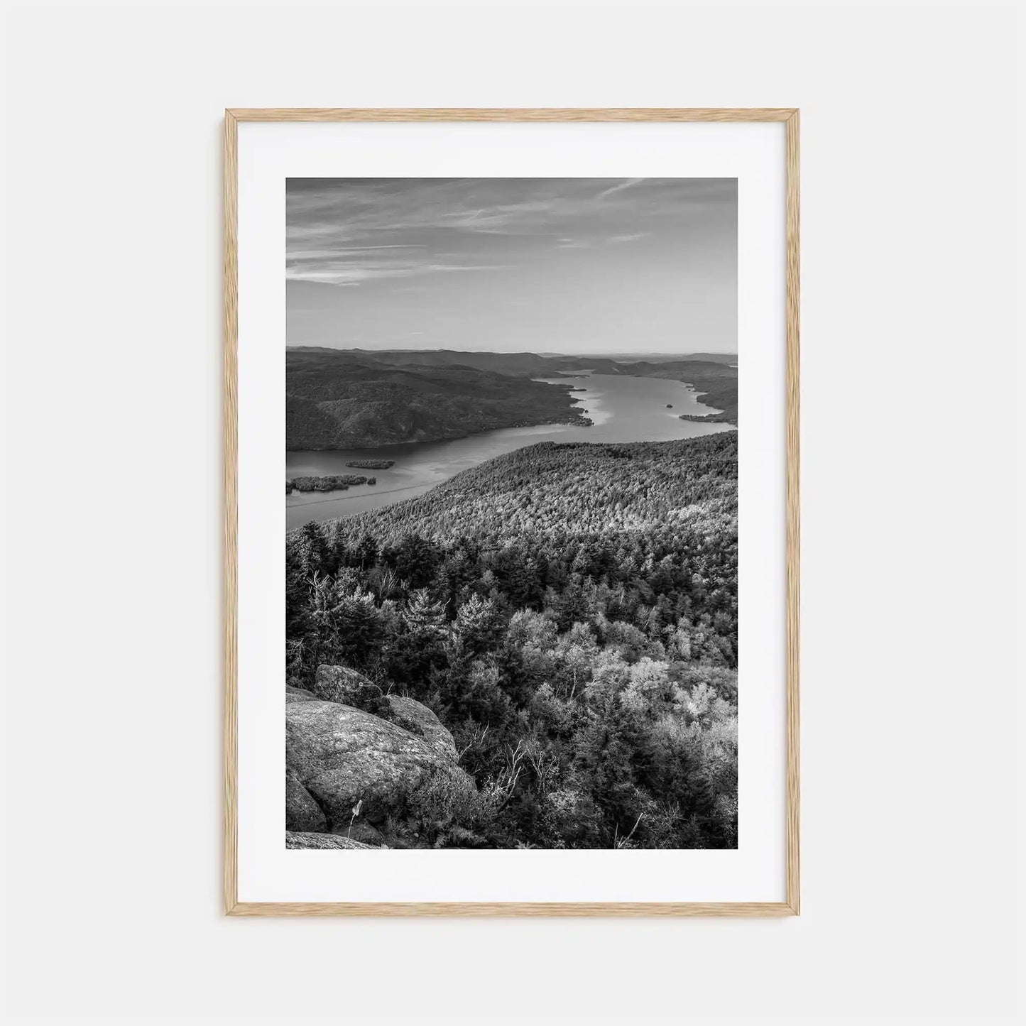 Framed black and white landscape print of a forest and lake.