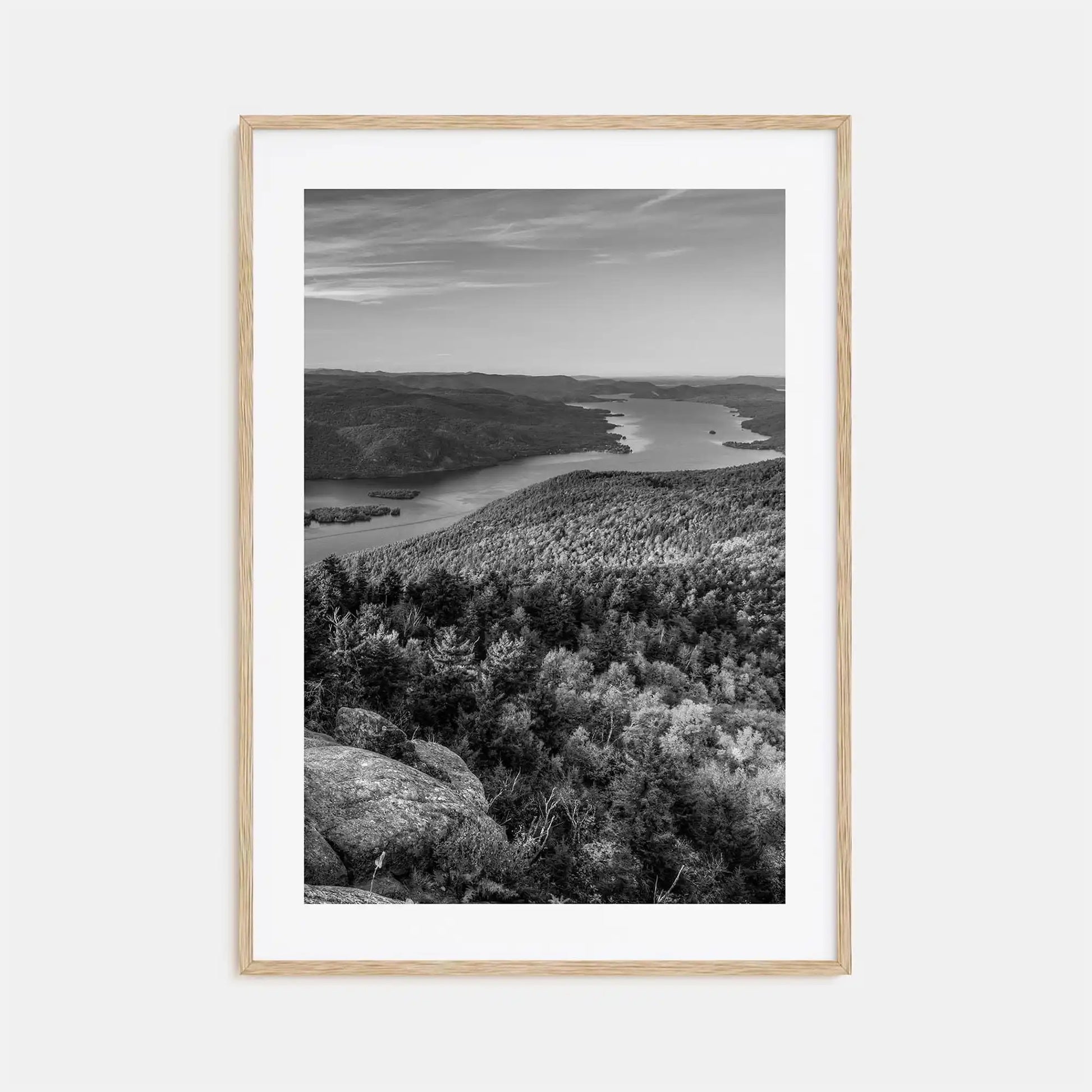 Framed black and white landscape print of a forest and lake.