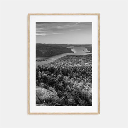 Framed black and white landscape print of a forest and lake.