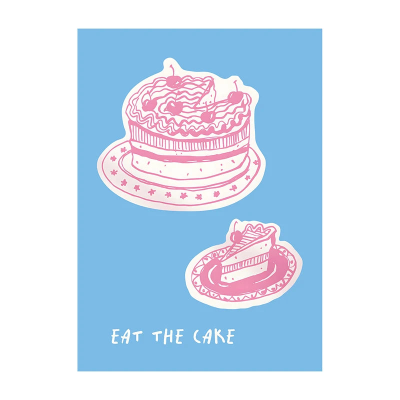 Illustration of a cake and a slice of cake on a blue background with 'Eat the Cake' text.