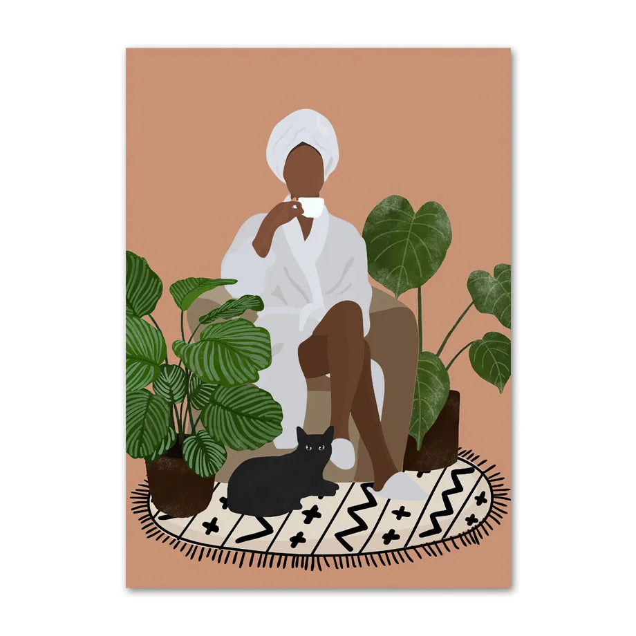 Illustration of a person sitting with plants and a cat on a patterned rug against a brown background