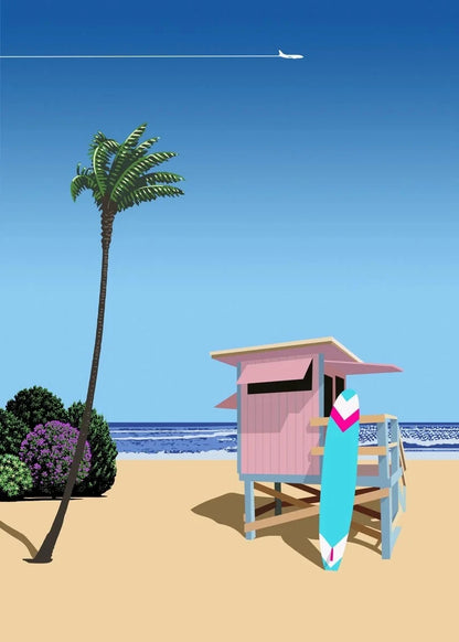 Beach scene with a pink lifeguard tower, palm tree, and surfboard on sand.