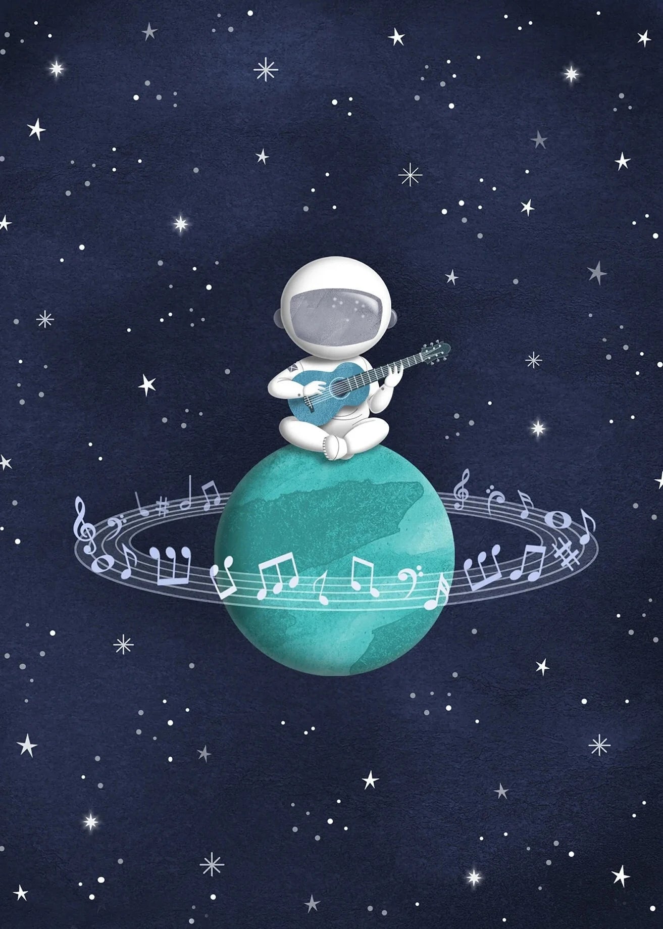 Illustration of an astronaut playing a guitar on a planet with musical notes, set against a starry night sky.