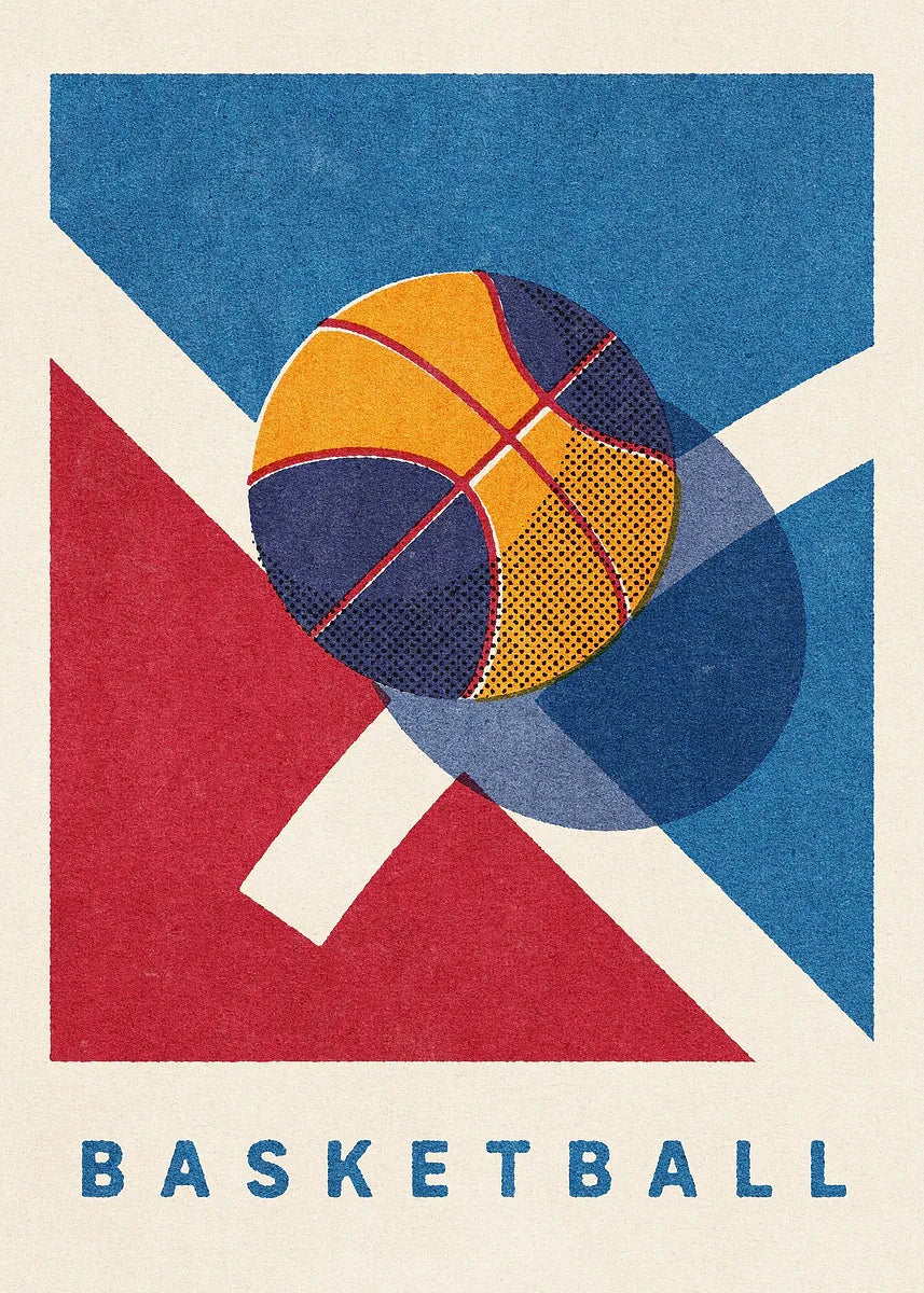 Geometric design of a basketball with red, blue, and yellow colors on a textured background.