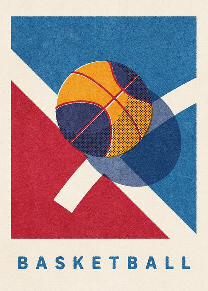 Geometric design of a basketball with red, blue, and yellow colors on a textured background.