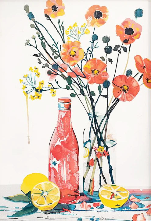 Colorful still life with a bottle, lemons, and flowers on a white background