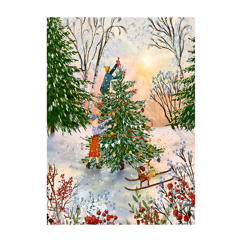 Illustration of a snowy landscape with people decorating a Christmas tree.