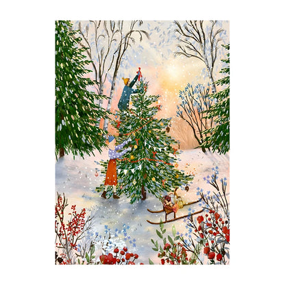 Illustration of a snowy landscape with people decorating a Christmas tree.