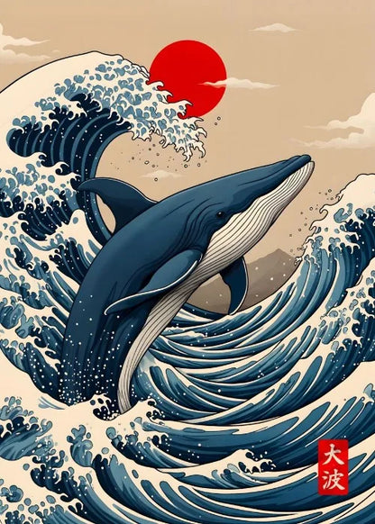 Whale in a wave with a red sun in the background