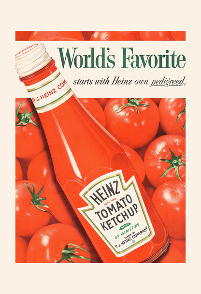 Vintage Heinz Tomato Ketchup advertisement with a bottle surrounded by tomatoes.