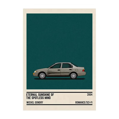 Movie poster for 'Eternal Sunshine of the Spotless Mind' with a car illustration on a green background