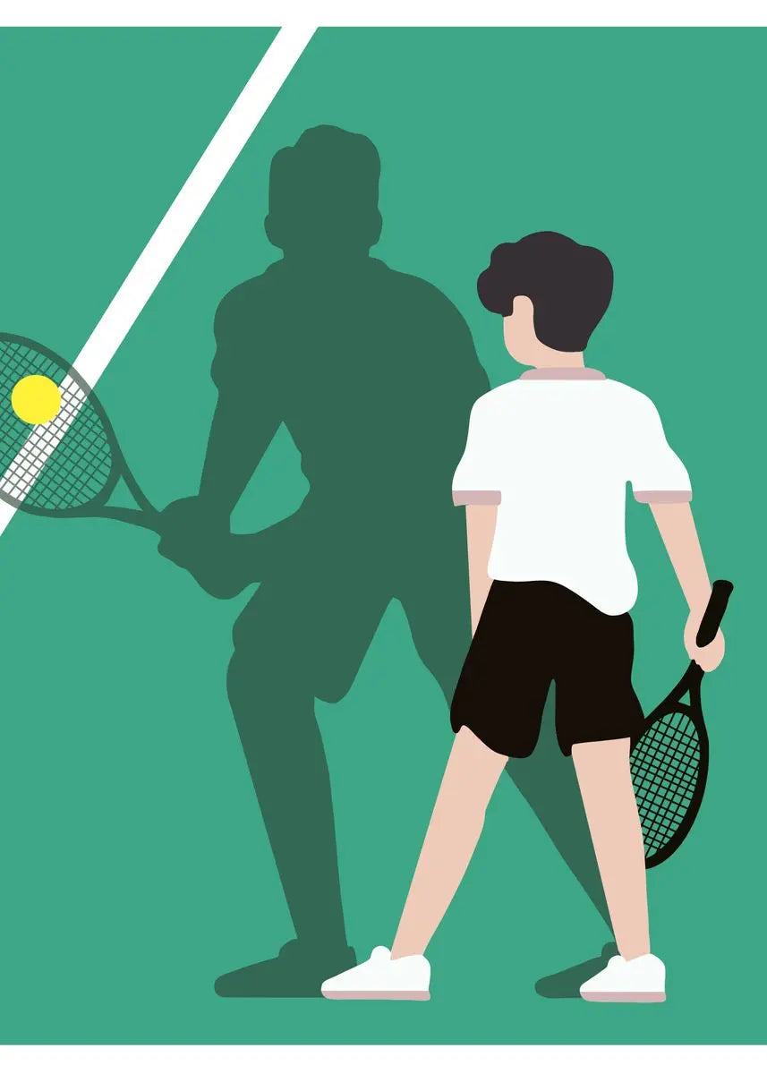 Person holding a tennis racket with a shadow of a larger figure on a green background