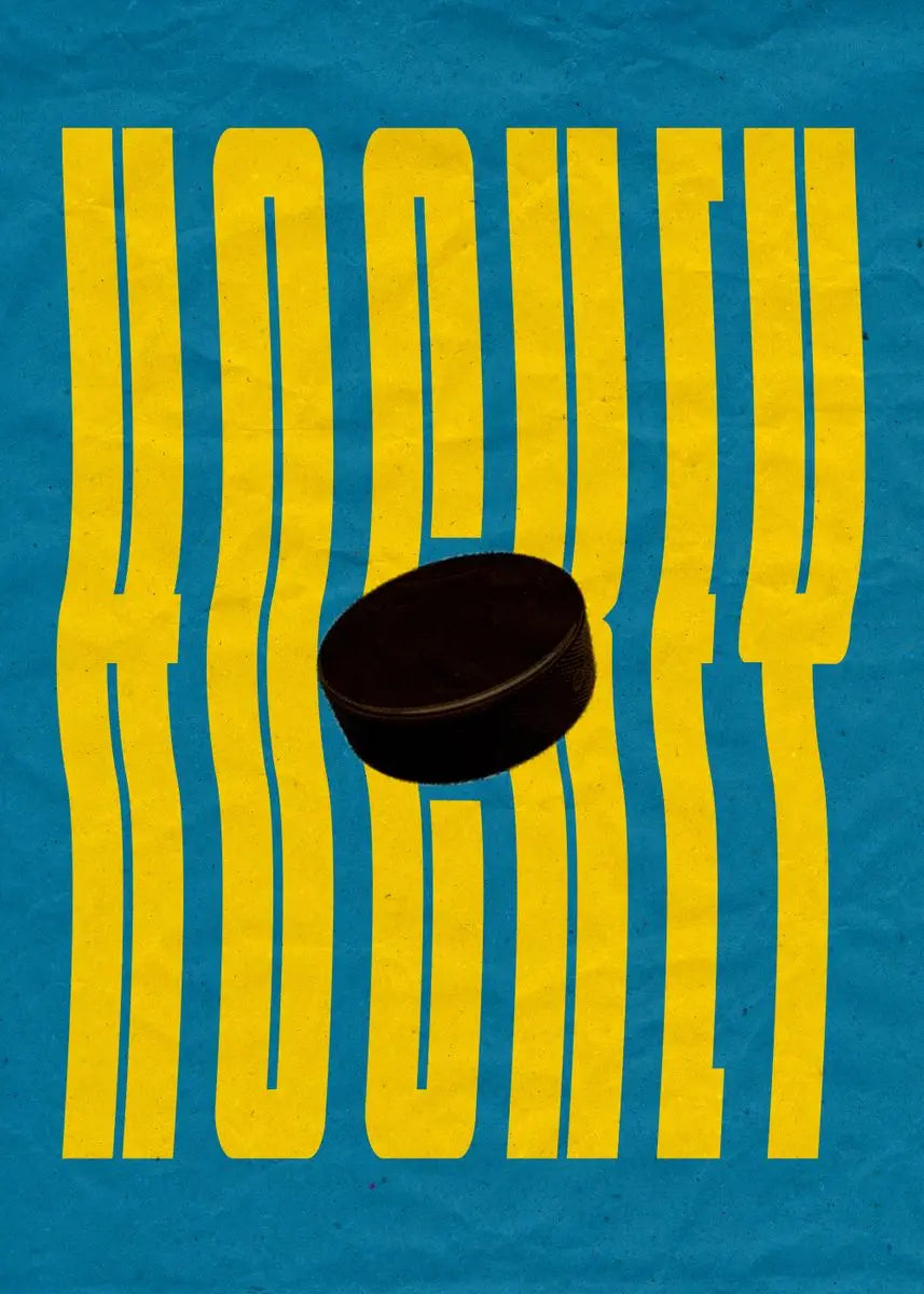 Hockey-themed graphic with yellow text and a black puck on a blue background
