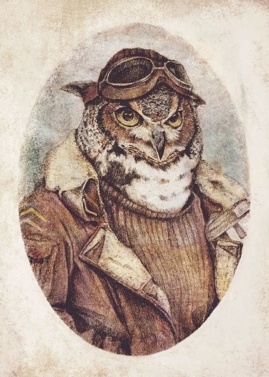 Illustration of an owl wearing goggles and a coat on a textured beige background