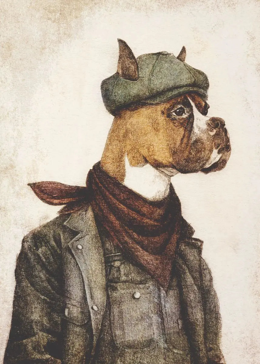 Dog wearing a hat and overalls with a scarf on a textured background