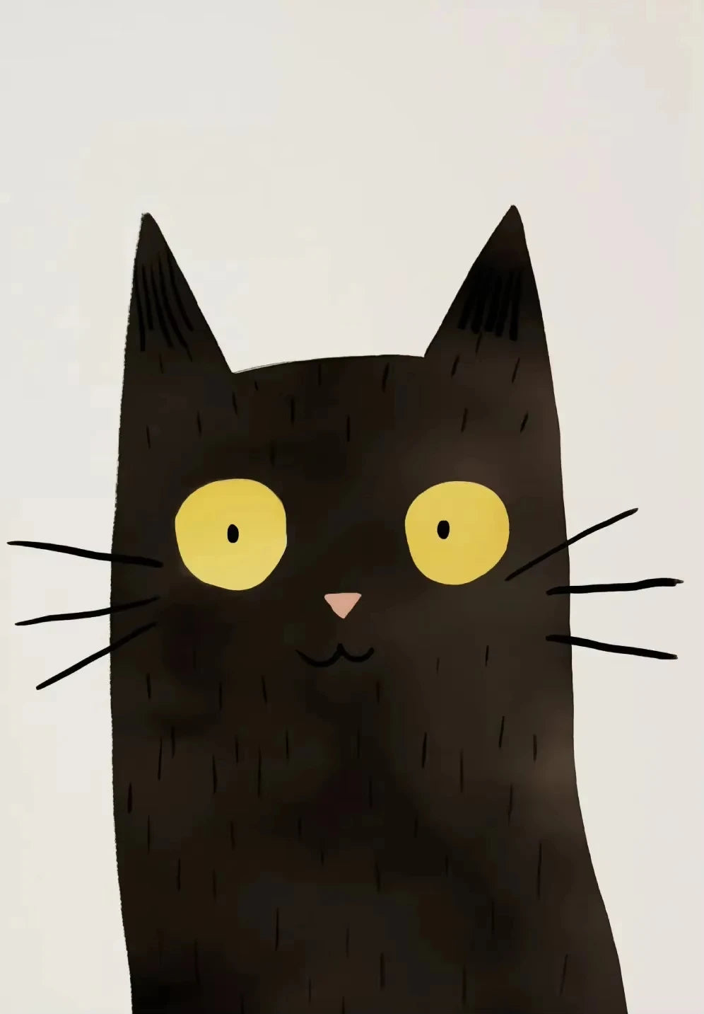 Illustration of a black cat with large yellow eyes on a beige background