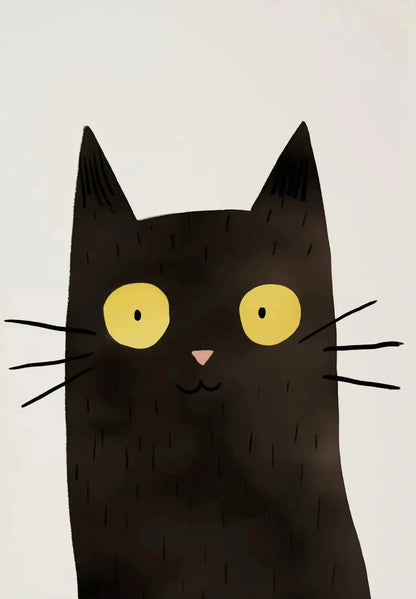 Illustration of a black cat with large yellow eyes on a beige background