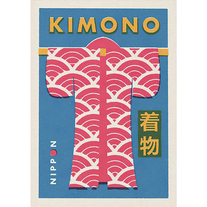 Kimono design with 'KIMONO' text and wave pattern on a blue background