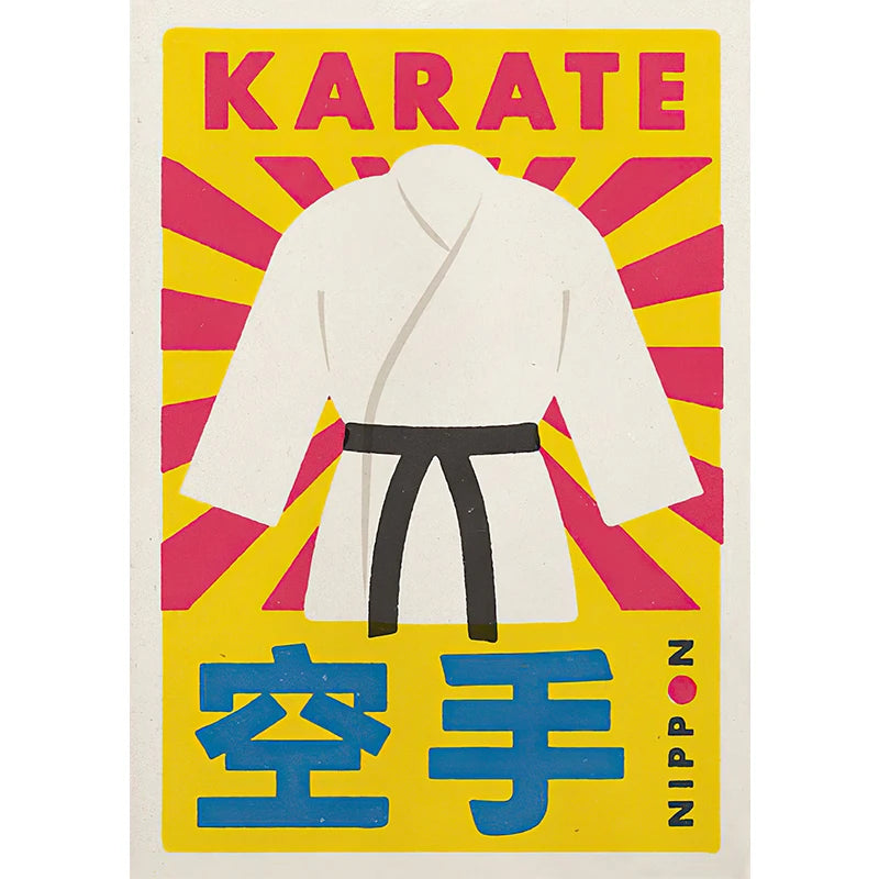 Karate gi with black belt on a yellow and pink background with 'KARATE' text.