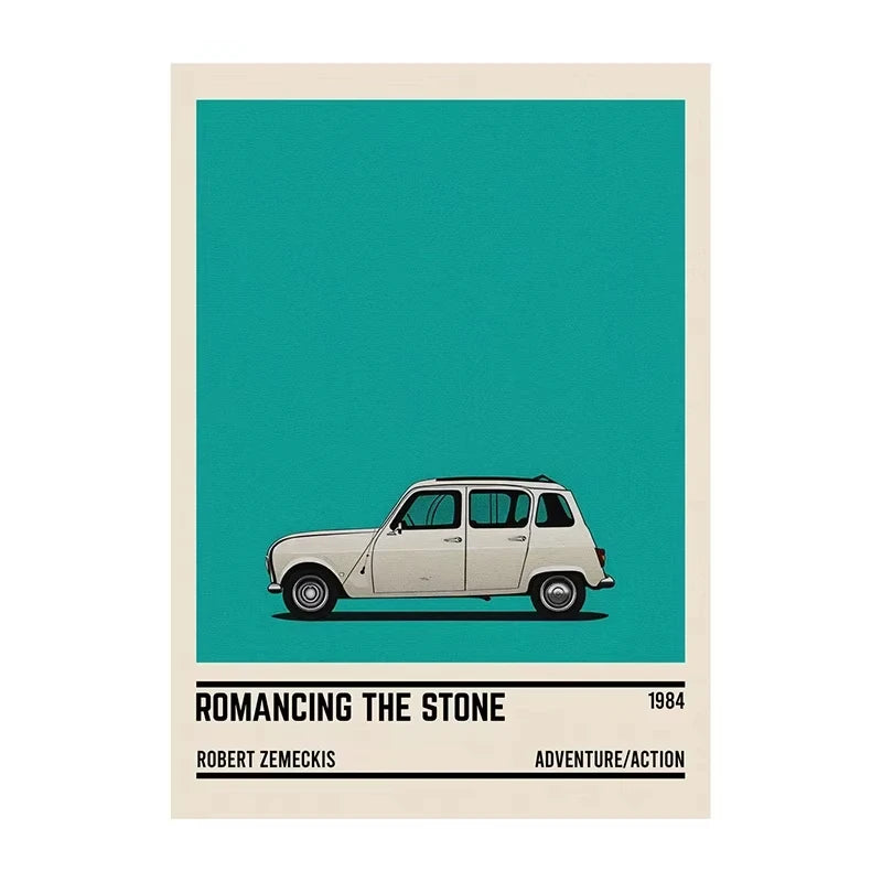 Movie poster for 'Romancing the Stone' with a vintage car illustration on a teal background