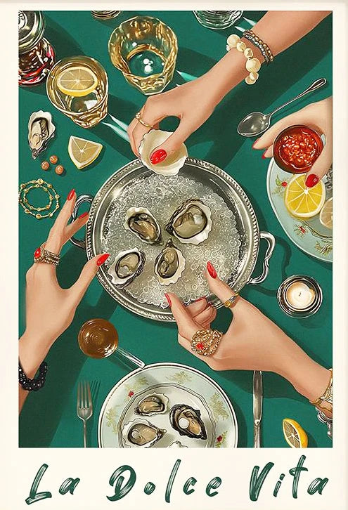 Illustration of a table setting with oysters, lemon wedges, and drinks, featuring 'La Dolce Vita' text.