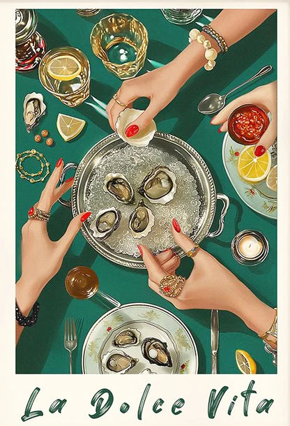 Illustration of a table setting with oysters, lemon wedges, and drinks, featuring 'La Dolce Vita' text.