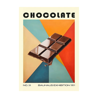 Chocolate bar on a geometric background with 'CHOCOLATE' text and Bauhaus Exhibition 1951 branding.