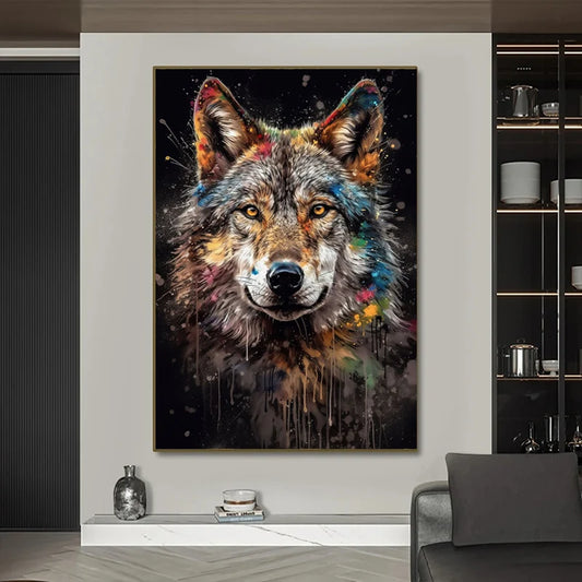Colorful wolf painting on a wall in a modern living room. Canvas & Curio