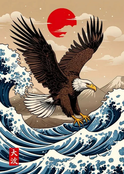 Eagle flying over waves with a red sun in the sky