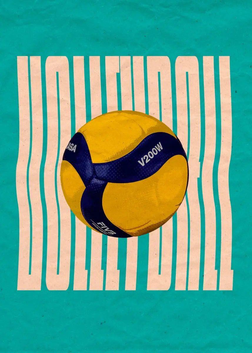 Volleyball with 'FIVB' branding on a teal background with 'VOLLEYBALL' text.