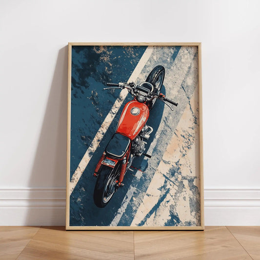 Framed poster of a red motorcycle on a textured background Canvas & Curio