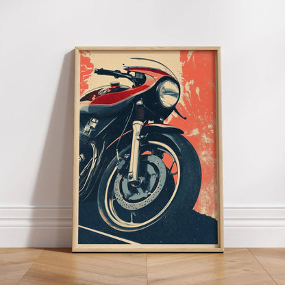Framed poster of a motorcycle on a white wall