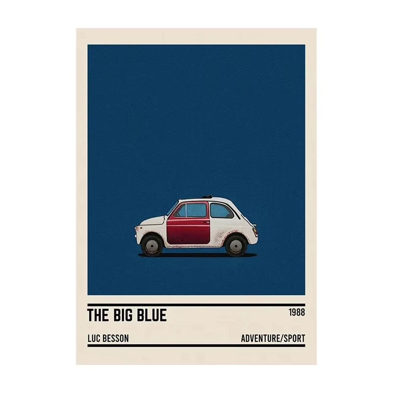 Poster of a small car with text on a blue background