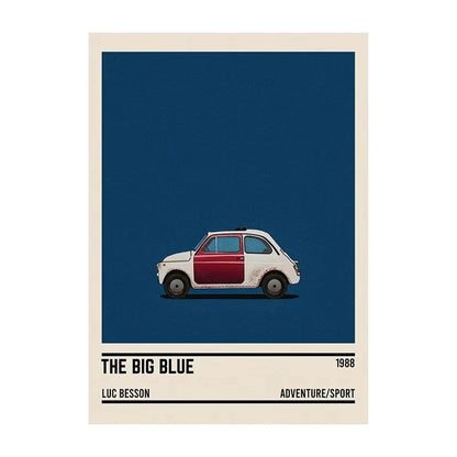 Poster of a small car with text on a blue background