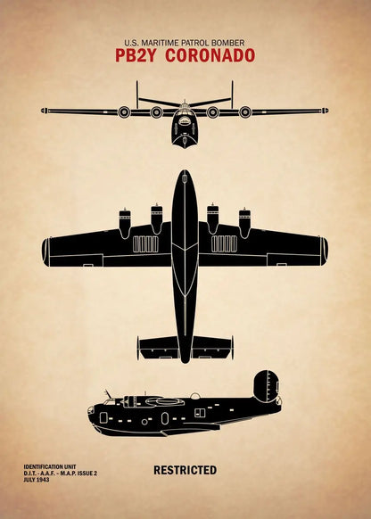 Illustration of a U.S. Maritime Patrol Bomber PB2Y Coronado on a beige background
