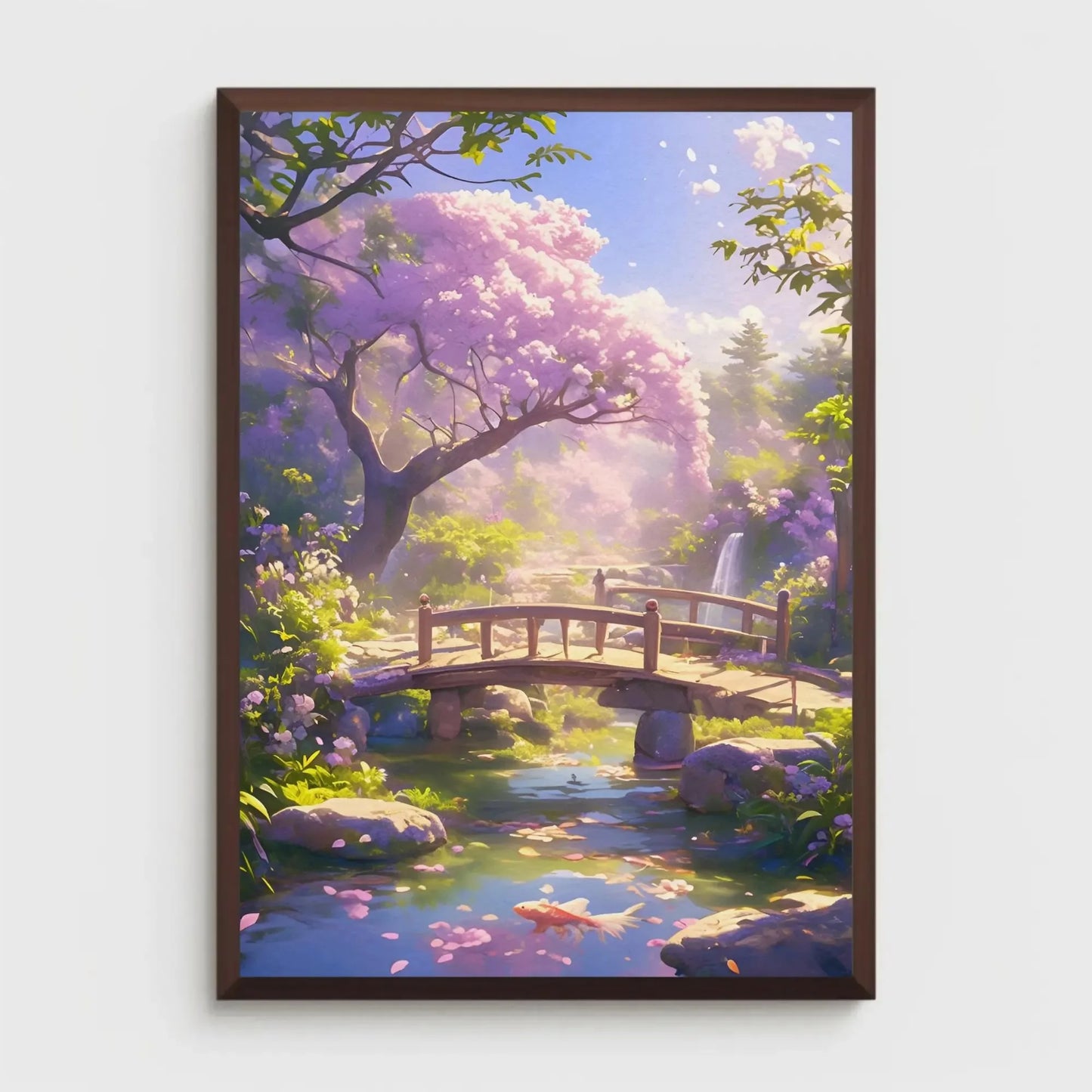 Framed artwork of a serene garden scene with cherry blossom trees, a bridge, and a pond.