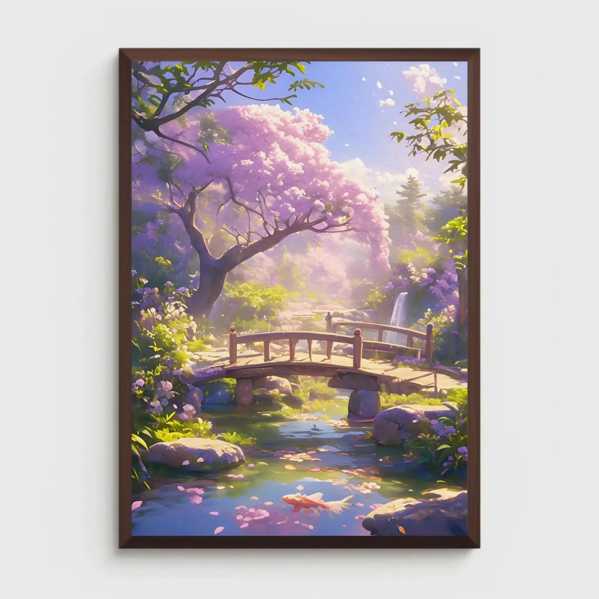 Framed artwork of a serene garden scene with cherry blossom trees, a bridge, and a pond.