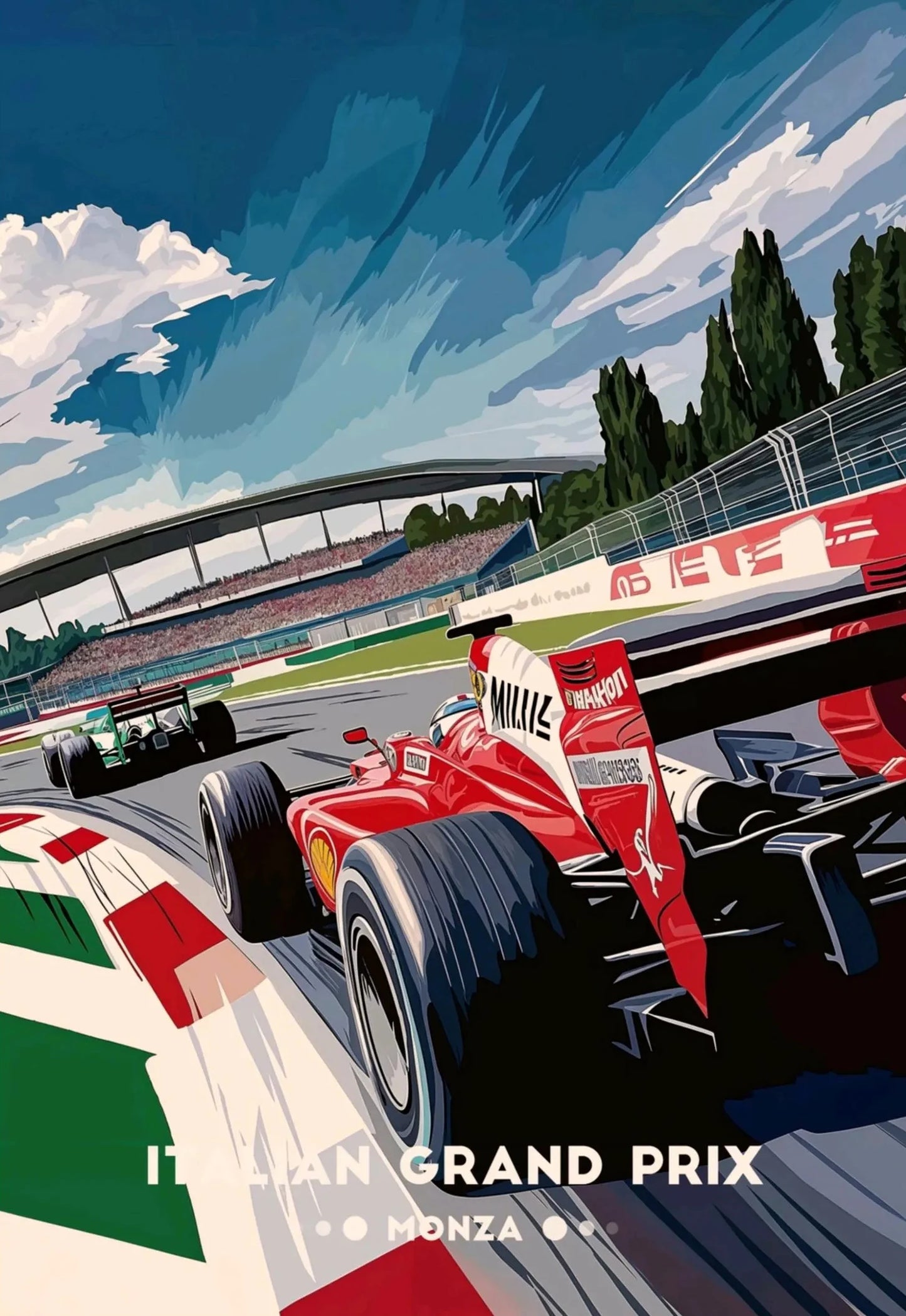 Illustration of a Formula 1 race car on a track with 'Italian Grand Prix Monza' text.