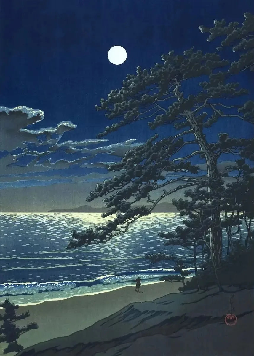 Lunar landscape with trees on a beach under a full moon