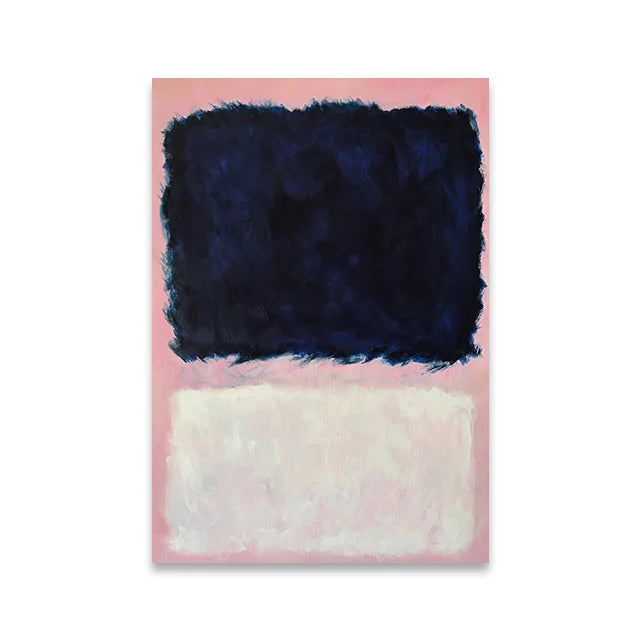 Abstract art print with a dark blue square on a pink background